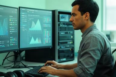 Engineer checking server health dashboards and multiplayer session metrics at a desk