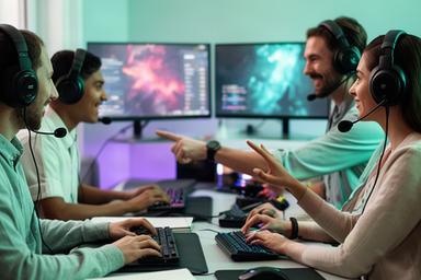 Friends planning a multiplayer session together at a desk with headsets and game screens