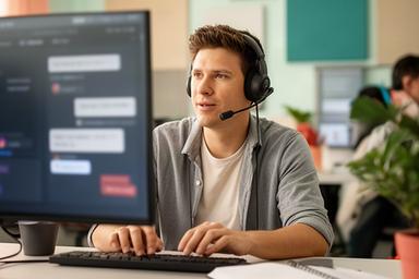 Community moderator reading player reports and support messages at a computer