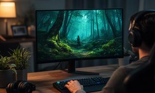 A player exploring a forest survival game on a widescreen monitor in a softly lit home gaming setup