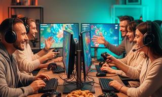 Friends playing a cooperative computer game together at a shared table with headsets and monitors