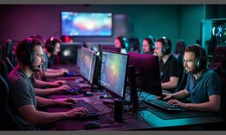 Players at desktop computers in a gaming room during a coordinated tactical shooter match