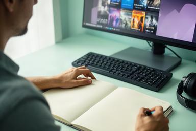 Player browsing a computer game library while taking notes about strategy and favorite genres
