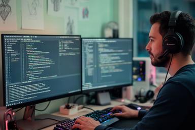 Game developer testing multiplayer code on a computer in a small studio workspace